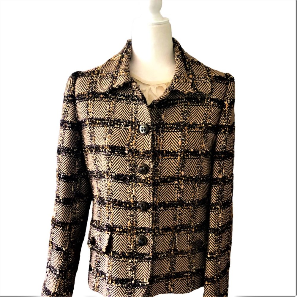 ECAILLE Paris Brown Overcheck Herringbone Tweed Woven with Lurex Jacket Sz 10 - Picture 2 of 7